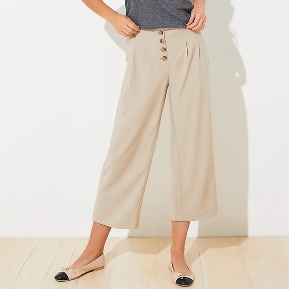 LOFT Olive Green High Rise Wide Leg Cropped Button Front Lightweight Fluid Pants - Picture 4 of 10